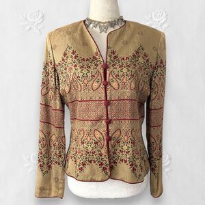 Adrianna Papell Whimsygoth Gold Burgundy Floral Beaded Silk Blazer Jacket 6 / S
